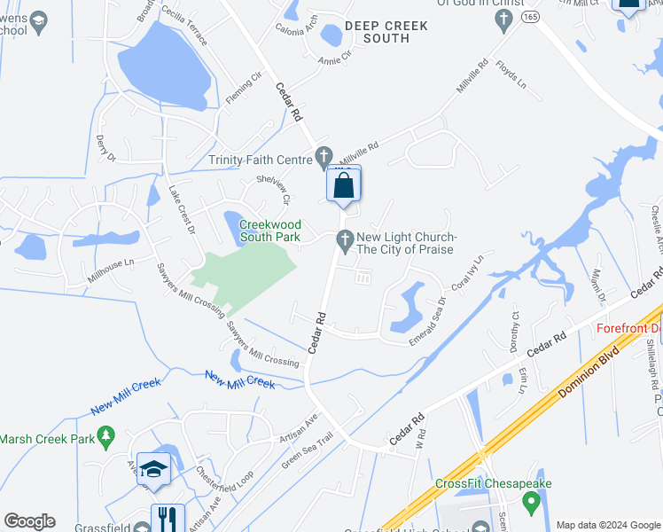 map of restaurants, bars, coffee shops, grocery stores, and more near 2349 Cedar Road in Chesapeake