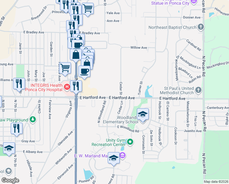 map of restaurants, bars, coffee shops, grocery stores, and more near 1809 East Hartford Avenue in Ponca City
