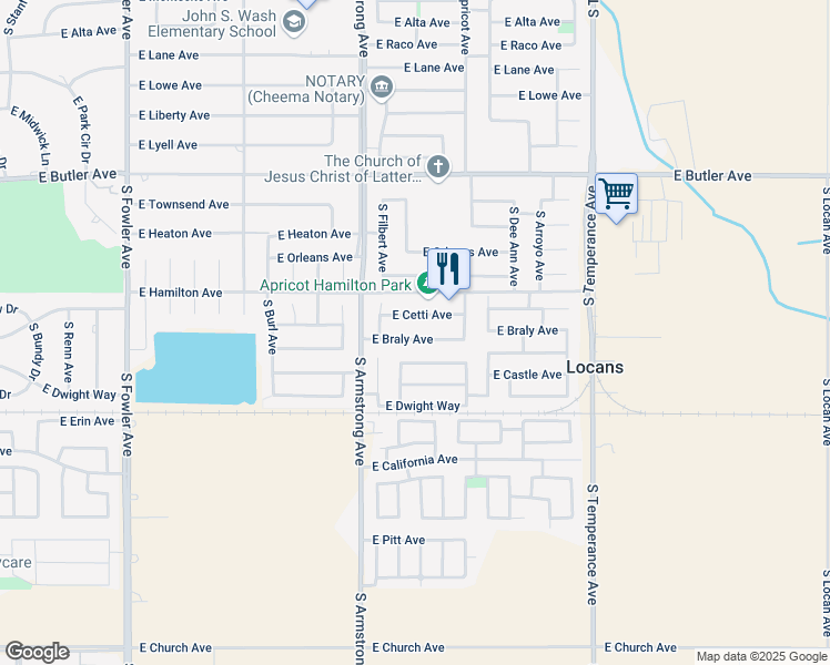map of restaurants, bars, coffee shops, grocery stores, and more near 6568 East Braly Avenue in Fresno