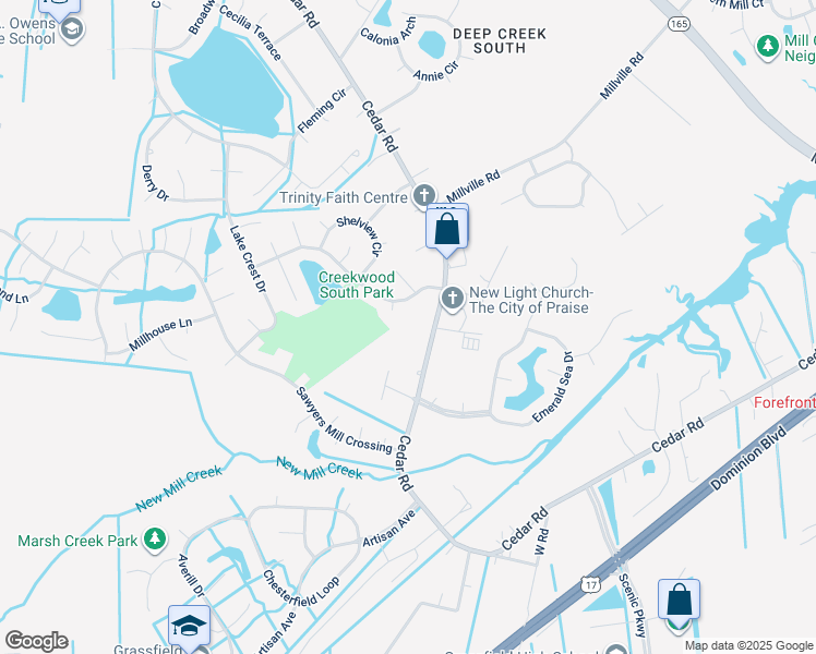map of restaurants, bars, coffee shops, grocery stores, and more near 2345 Cedar Road in Chesapeake