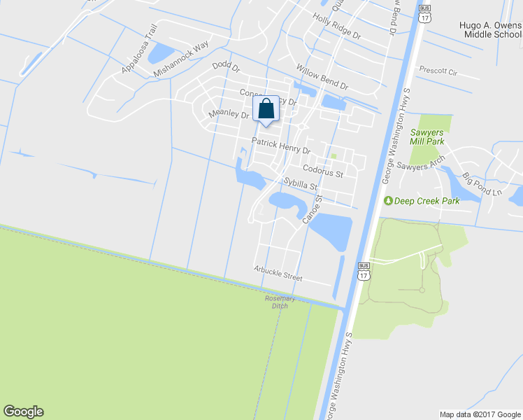 map of restaurants, bars, coffee shops, grocery stores, and more near Evick Way in Chesapeake