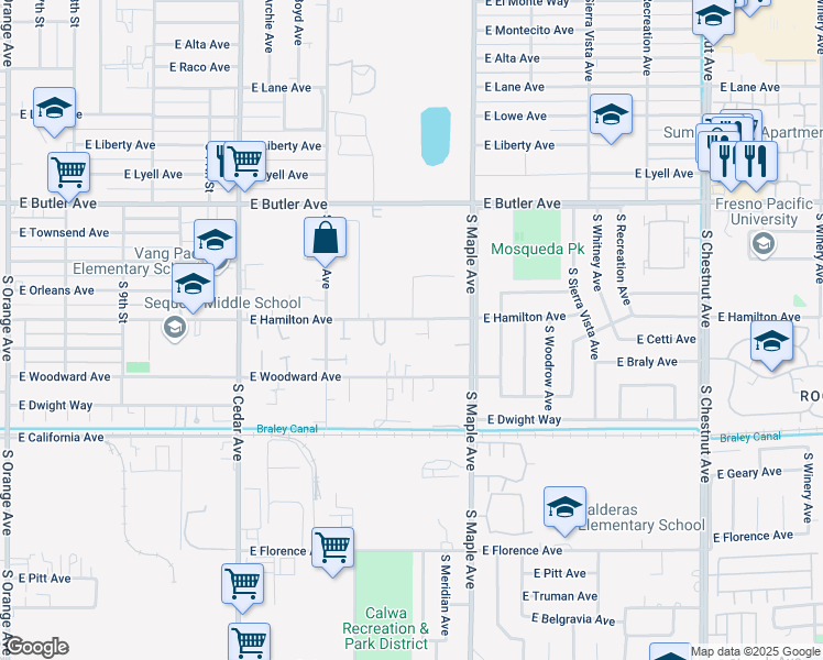 map of restaurants, bars, coffee shops, grocery stores, and more near 4548 East Hamilton Avenue in Fresno