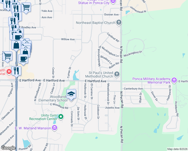 map of restaurants, bars, coffee shops, grocery stores, and more near 2221 East Hartford Avenue in Ponca City