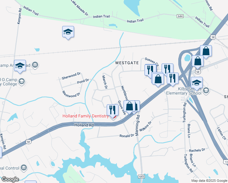 map of restaurants, bars, coffee shops, grocery stores, and more near 129 Grove Avenue in Suffolk