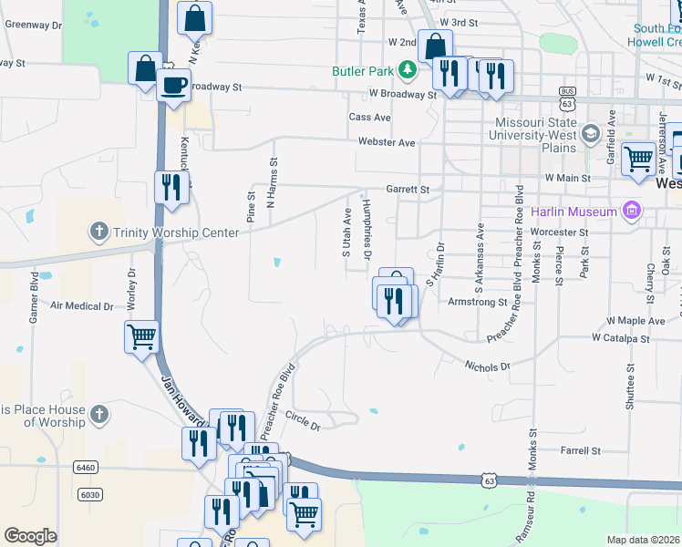 map of restaurants, bars, coffee shops, grocery stores, and more near 381-399 South Utah Avenue in West Plains