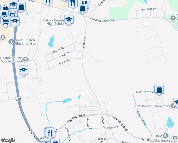 map of restaurants, bars, coffee shops, grocery stores, and more near 2901 North Main Street in South Boston