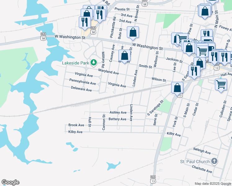map of restaurants, bars, coffee shops, grocery stores, and more near 417 Bosley Avenue in Suffolk