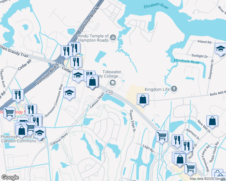 map of restaurants, bars, coffee shops, grocery stores, and more near 1426 Cedar Road in Chesapeake