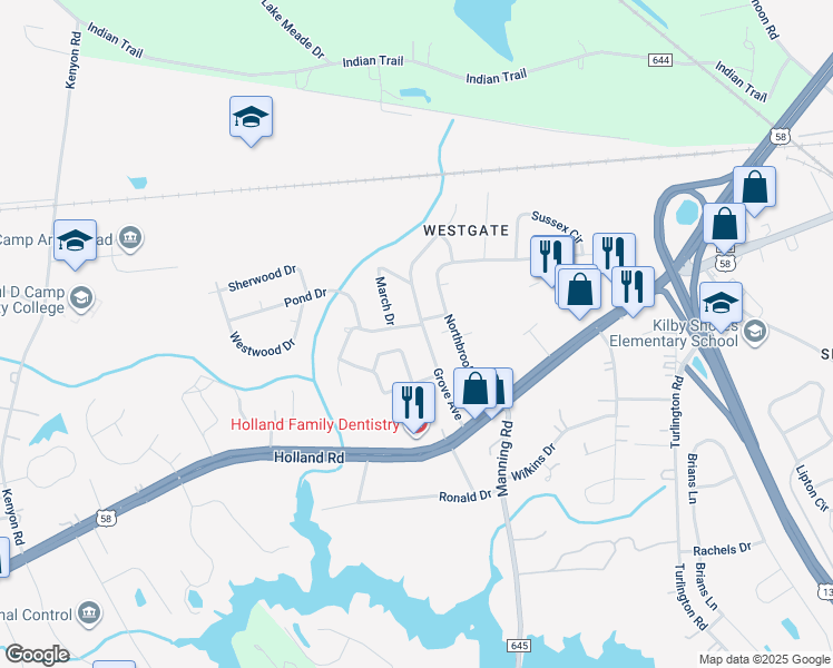 map of restaurants, bars, coffee shops, grocery stores, and more near 129 Grove Avenue in Suffolk