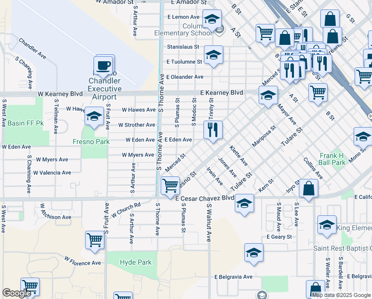 map of restaurants, bars, coffee shops, grocery stores, and more near 235 Merced Street in Fresno