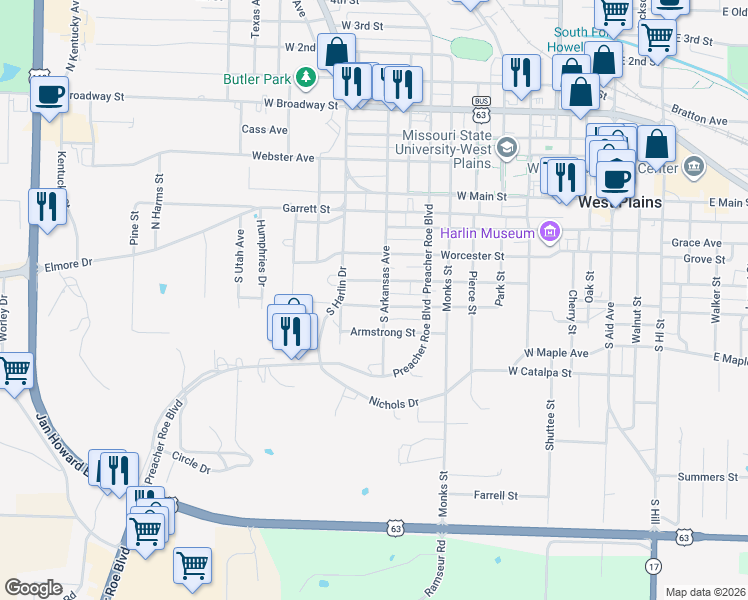 map of restaurants, bars, coffee shops, grocery stores, and more near 1011 Renfrow Street in West Plains