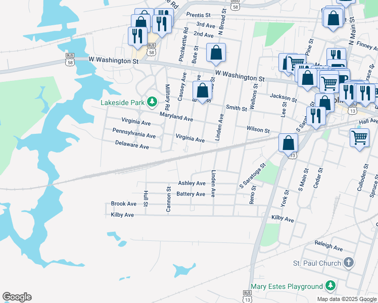 map of restaurants, bars, coffee shops, grocery stores, and more near 417 Bosley Avenue in Suffolk