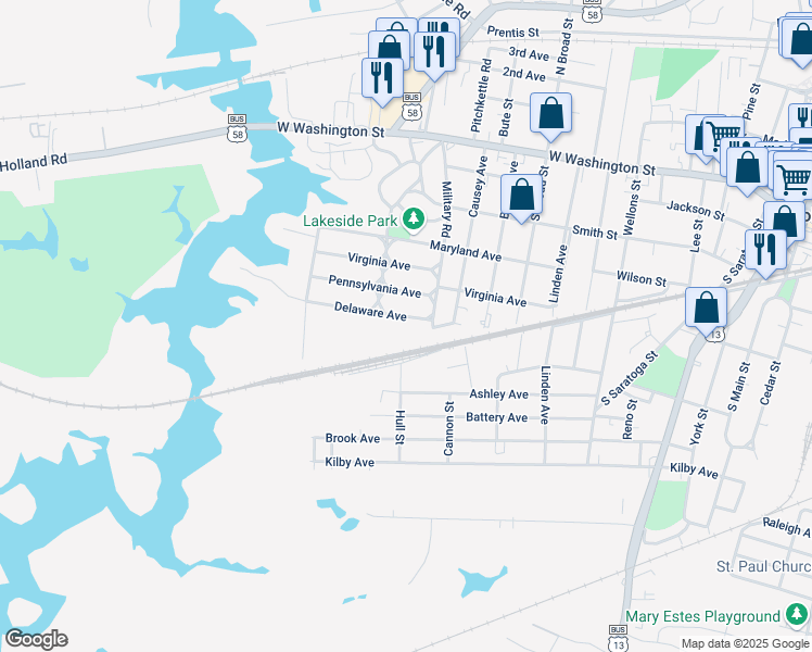 map of restaurants, bars, coffee shops, grocery stores, and more near 915 Delaware Avenue in Suffolk