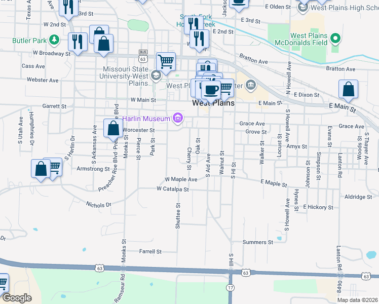 map of restaurants, bars, coffee shops, grocery stores, and more near 440 Cherry St in West Plains