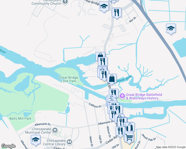 map of restaurants, bars, coffee shops, grocery stores, and more near 3 Harbor Watch Drive in Chesapeake