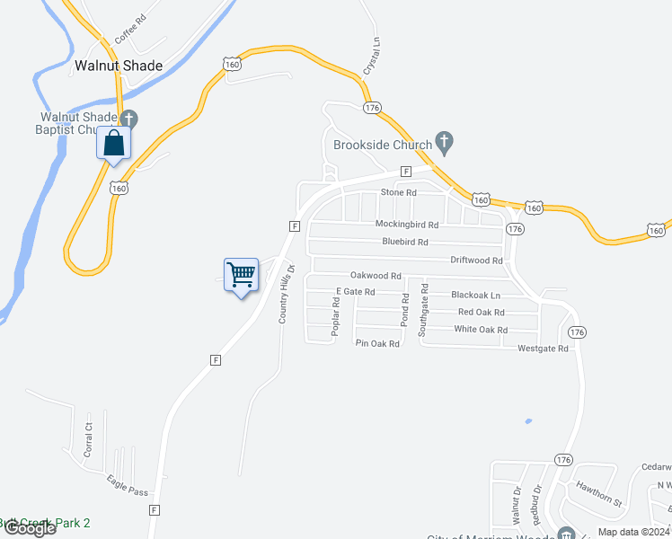 map of restaurants, bars, coffee shops, grocery stores, and more near 4071 Oakwood Road in Merriam Woods