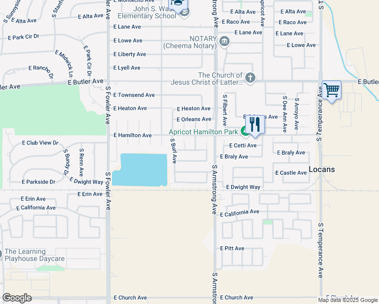 map of restaurants, bars, coffee shops, grocery stores, and more near 6367 East Cetti Road in Fresno