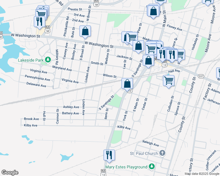 map of restaurants, bars, coffee shops, grocery stores, and more near 273 South Saratoga Street in Suffolk