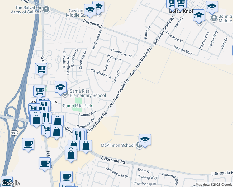 map of restaurants, bars, coffee shops, grocery stores, and more near 109 San Juan Grade Road in Salinas
