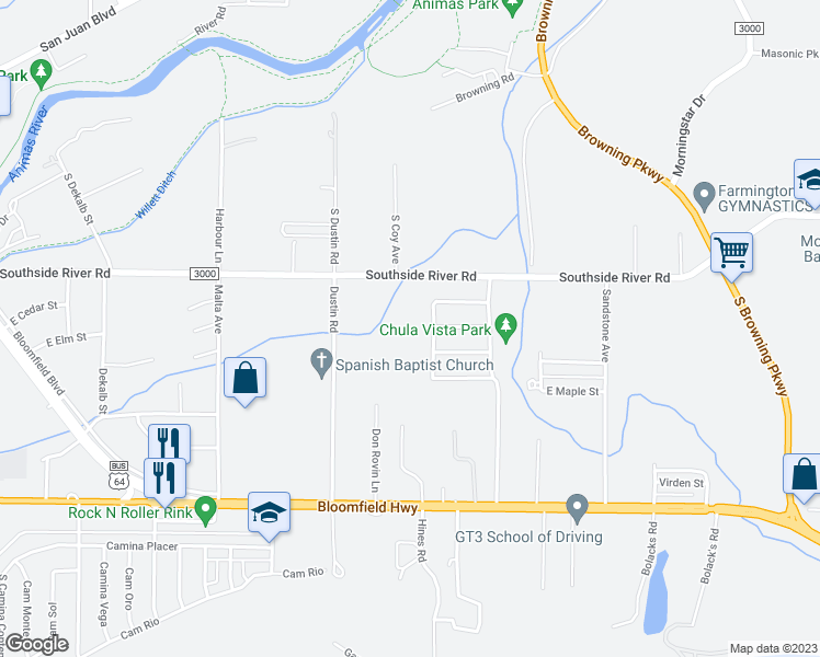 map of restaurants, bars, coffee shops, grocery stores, and more near 2855 Southside River Road in Farmington