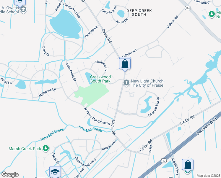 map of restaurants, bars, coffee shops, grocery stores, and more near 609 Jordan Trce in Chesapeake
