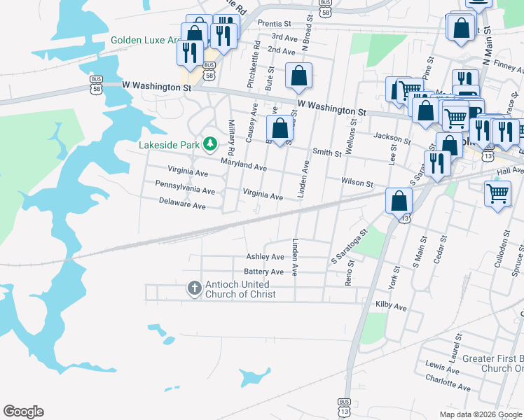 map of restaurants, bars, coffee shops, grocery stores, and more near 408 Bosley Avenue in Suffolk