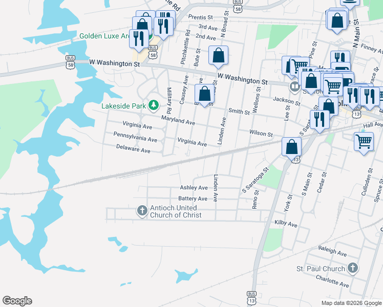 map of restaurants, bars, coffee shops, grocery stores, and more near 417 Bosley Avenue in Suffolk