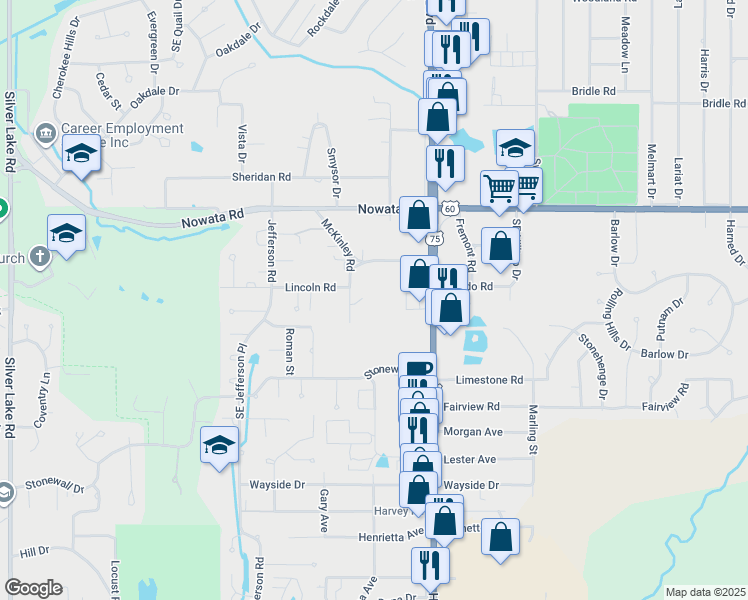 map of restaurants, bars, coffee shops, grocery stores, and more near 1901 Southeast Washington Boulevard in Bartlesville