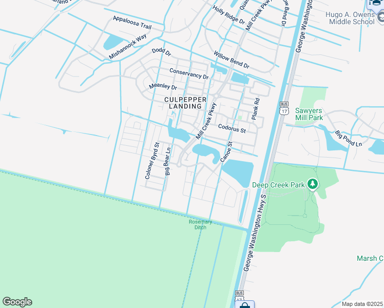 map of restaurants, bars, coffee shops, grocery stores, and more near 605 Evick Way in Chesapeake