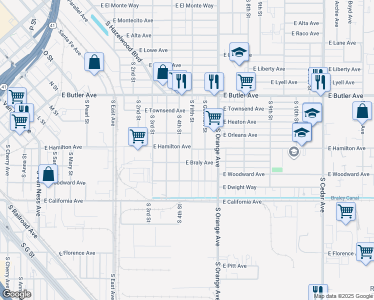 map of restaurants, bars, coffee shops, grocery stores, and more near 1834 South Fifth Street in Fresno