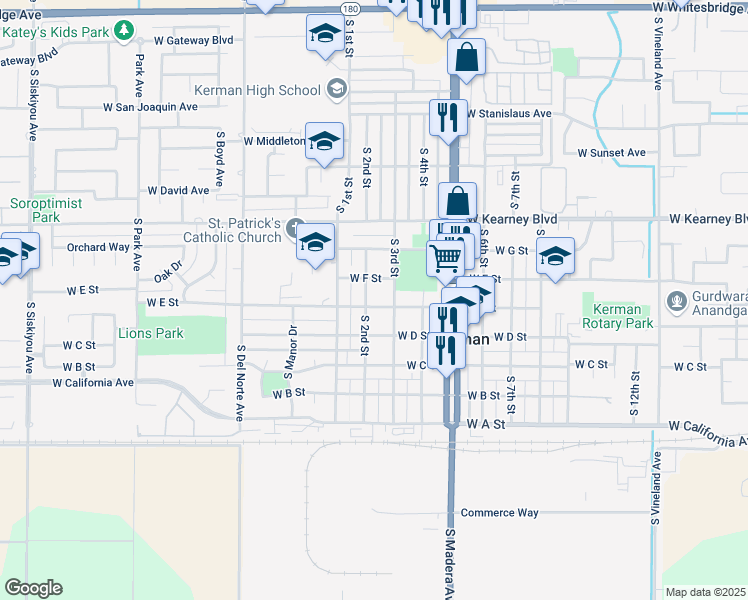 map of restaurants, bars, coffee shops, grocery stores, and more near 701 South 3rd Street in Kerman