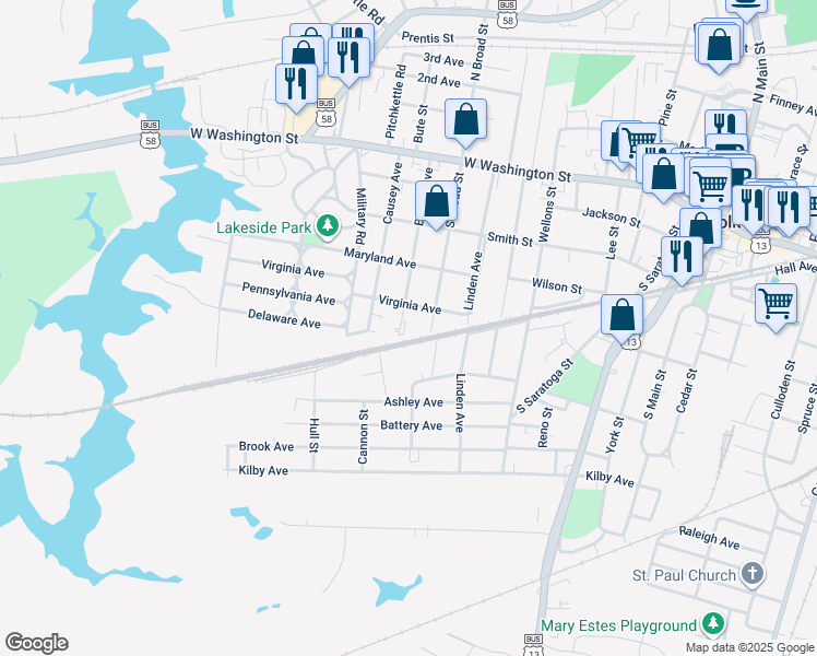 map of restaurants, bars, coffee shops, grocery stores, and more near 417 Bosley Avenue in Suffolk