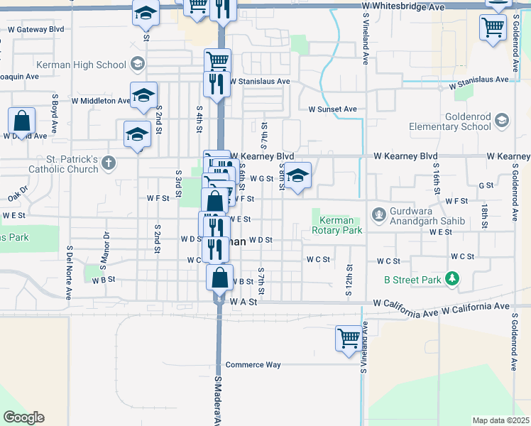 map of restaurants, bars, coffee shops, grocery stores, and more near 14747 West E Street in Kerman