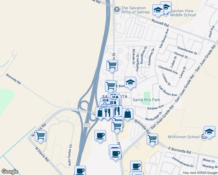 map of restaurants, bars, coffee shops, grocery stores, and more near 19 West Bolivar Street in Salinas