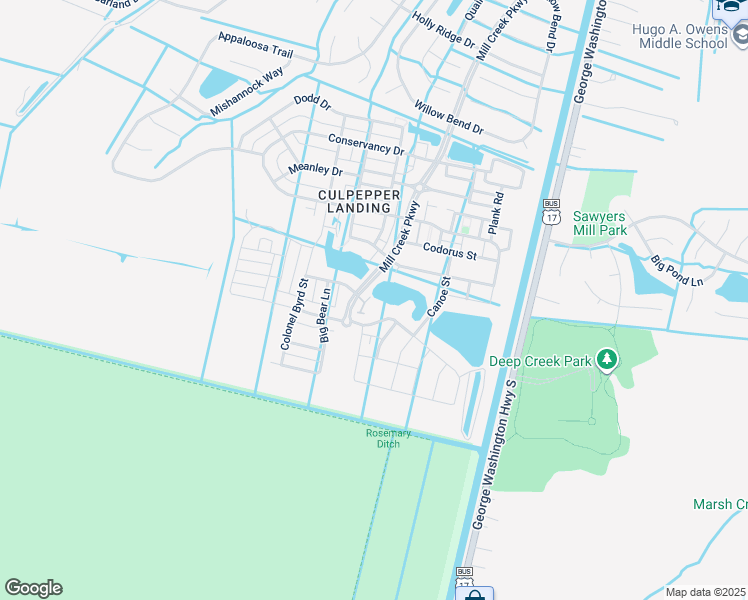 map of restaurants, bars, coffee shops, grocery stores, and more near Evick Way in Chesapeake