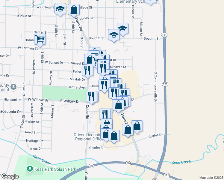 map of restaurants, bars, coffee shops, grocery stores, and more near 1107 Paris Road in Mayfield