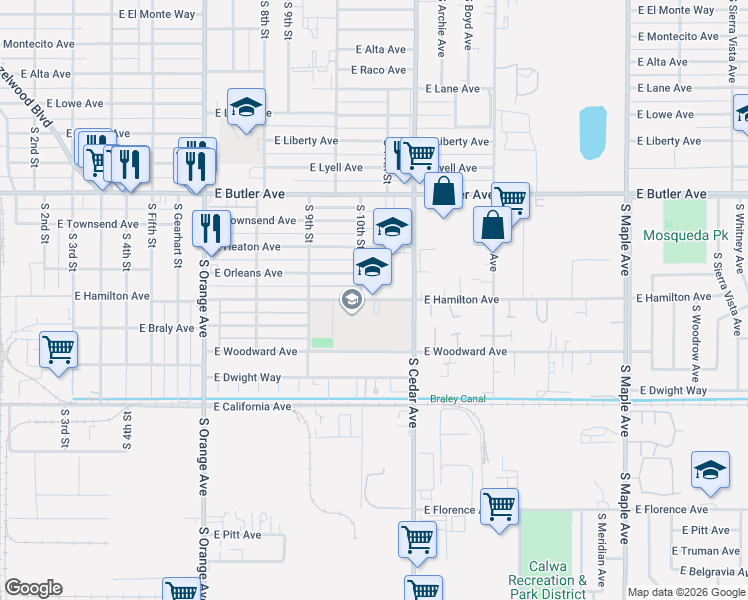 map of restaurants, bars, coffee shops, grocery stores, and more near 4050 East Hamilton Avenue in Fresno