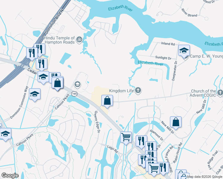 map of restaurants, bars, coffee shops, grocery stores, and more near 1302 Woodview Lair in Chesapeake
