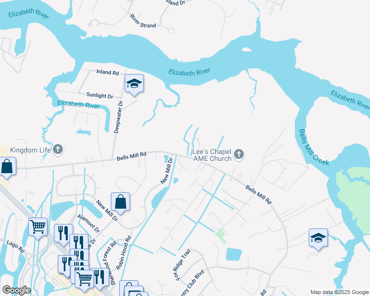 map of restaurants, bars, coffee shops, grocery stores, and more near 1116 Bells Mill Road in Chesapeake