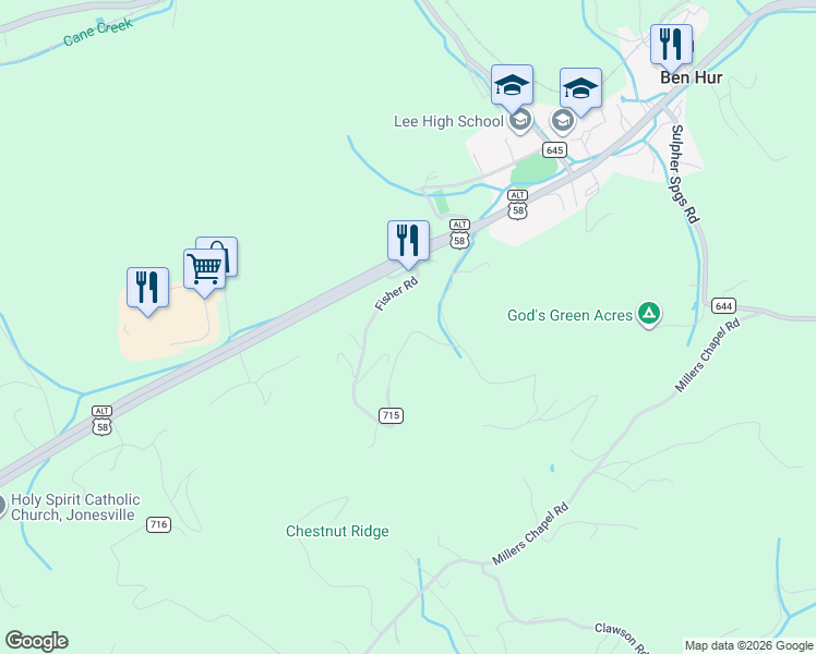 map of restaurants, bars, coffee shops, grocery stores, and more near 664 Fisher Road in Jonesville