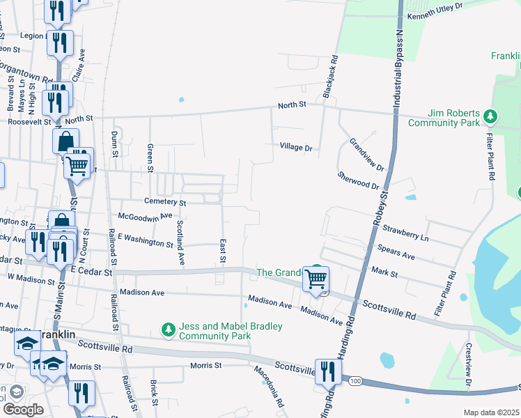 map of restaurants, bars, coffee shops, grocery stores, and more near 408 Emlin Lane in Franklin