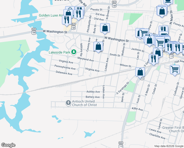 map of restaurants, bars, coffee shops, grocery stores, and more near 406 Bosley Avenue in Suffolk