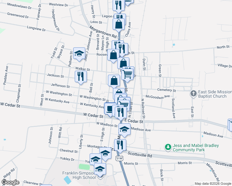 map of restaurants, bars, coffee shops, grocery stores, and more near 400 North College Street in Franklin