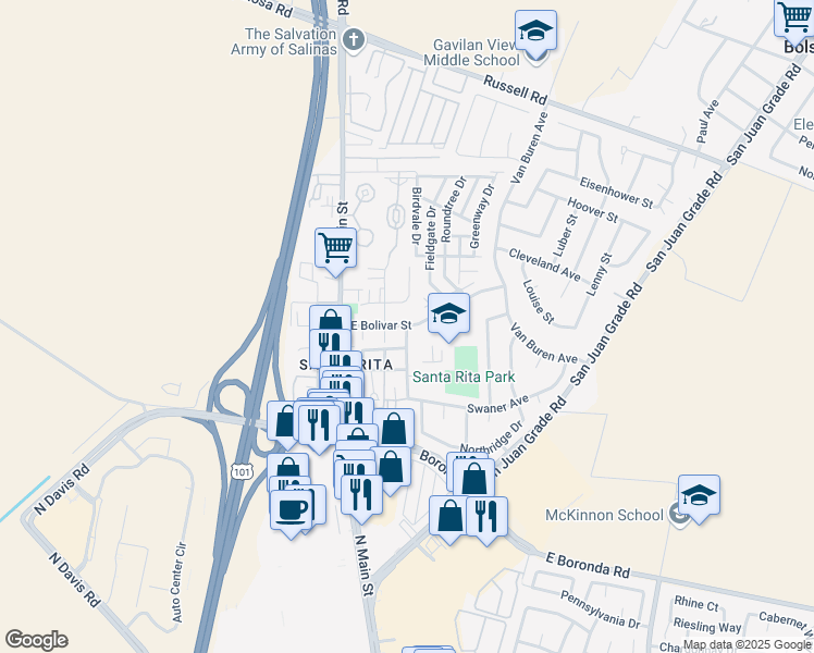 map of restaurants, bars, coffee shops, grocery stores, and more near 1073 Santa Rita Street in Salinas