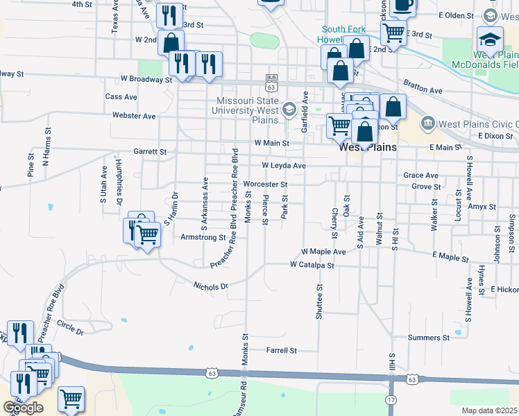 map of restaurants, bars, coffee shops, grocery stores, and more near 400-498 Pierce Street in West Plains