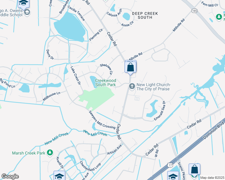 map of restaurants, bars, coffee shops, grocery stores, and more near 609 Jordan Trce in Chesapeake