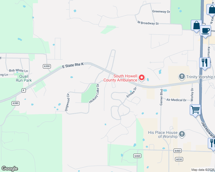 map of restaurants, bars, coffee shops, grocery stores, and more near 712 East Pamela Drive in West Plains