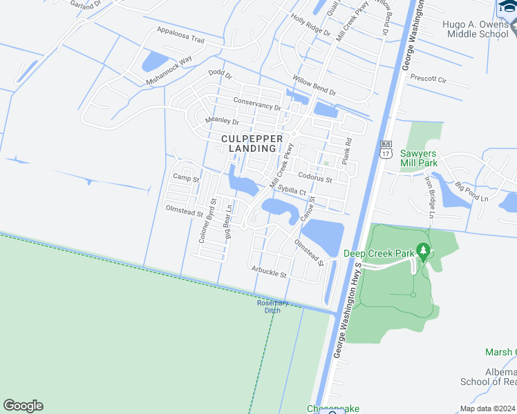 map of restaurants, bars, coffee shops, grocery stores, and more near 655 Mill Creek Parkway in Chesapeake