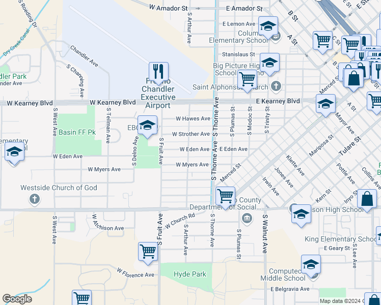 map of restaurants, bars, coffee shops, grocery stores, and more near 259 West Eden Avenue in Fresno