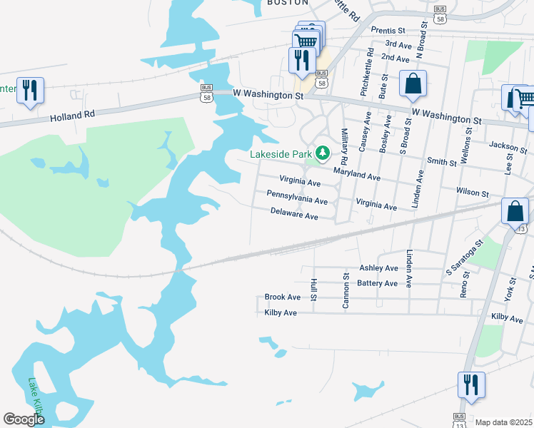 map of restaurants, bars, coffee shops, grocery stores, and more near 1019 Delaware Avenue in Suffolk